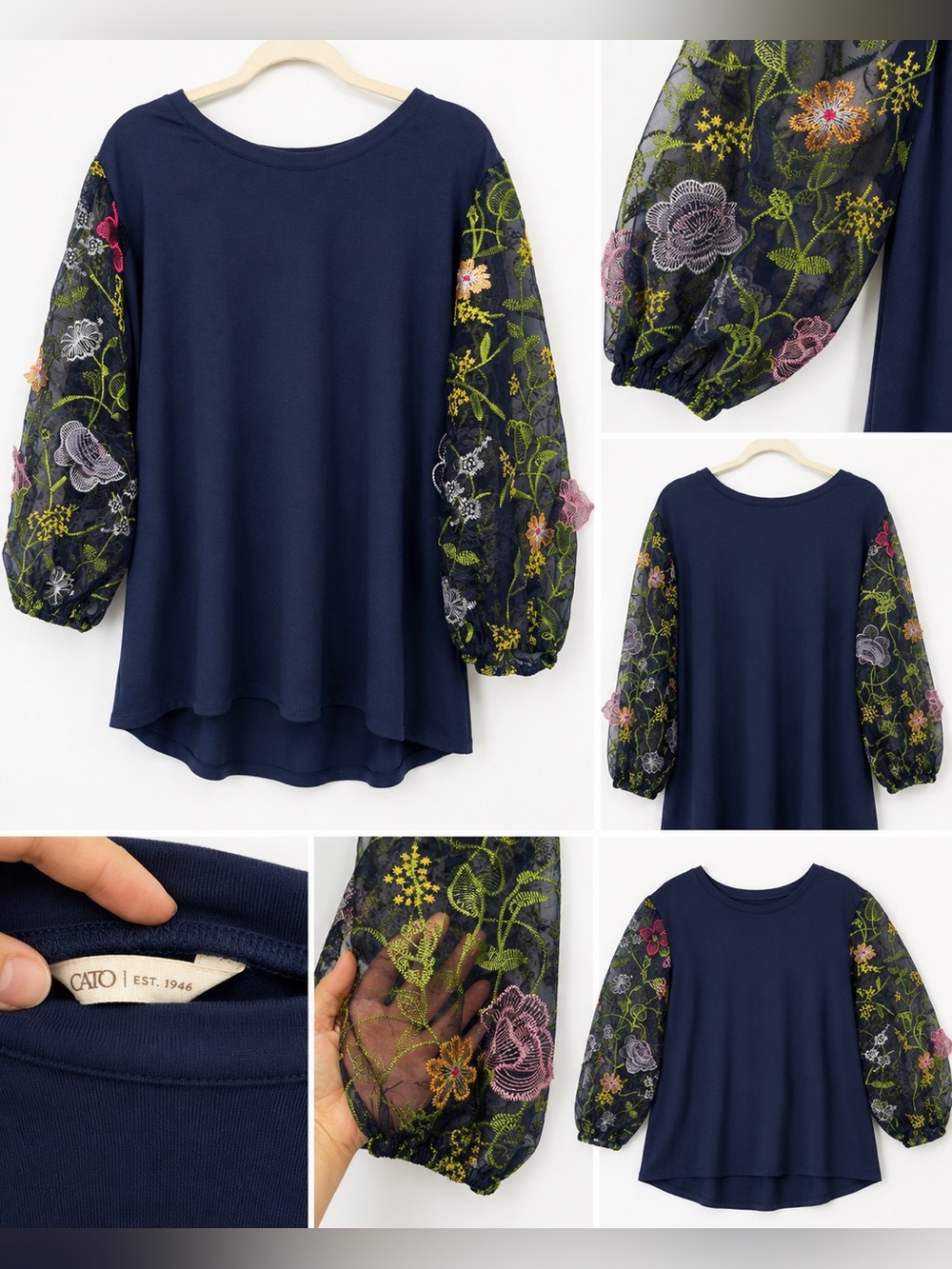 Cato Navy Embroidered Floral Puff Sleeve Top | Sheer Organza Sleeves | Plus Size